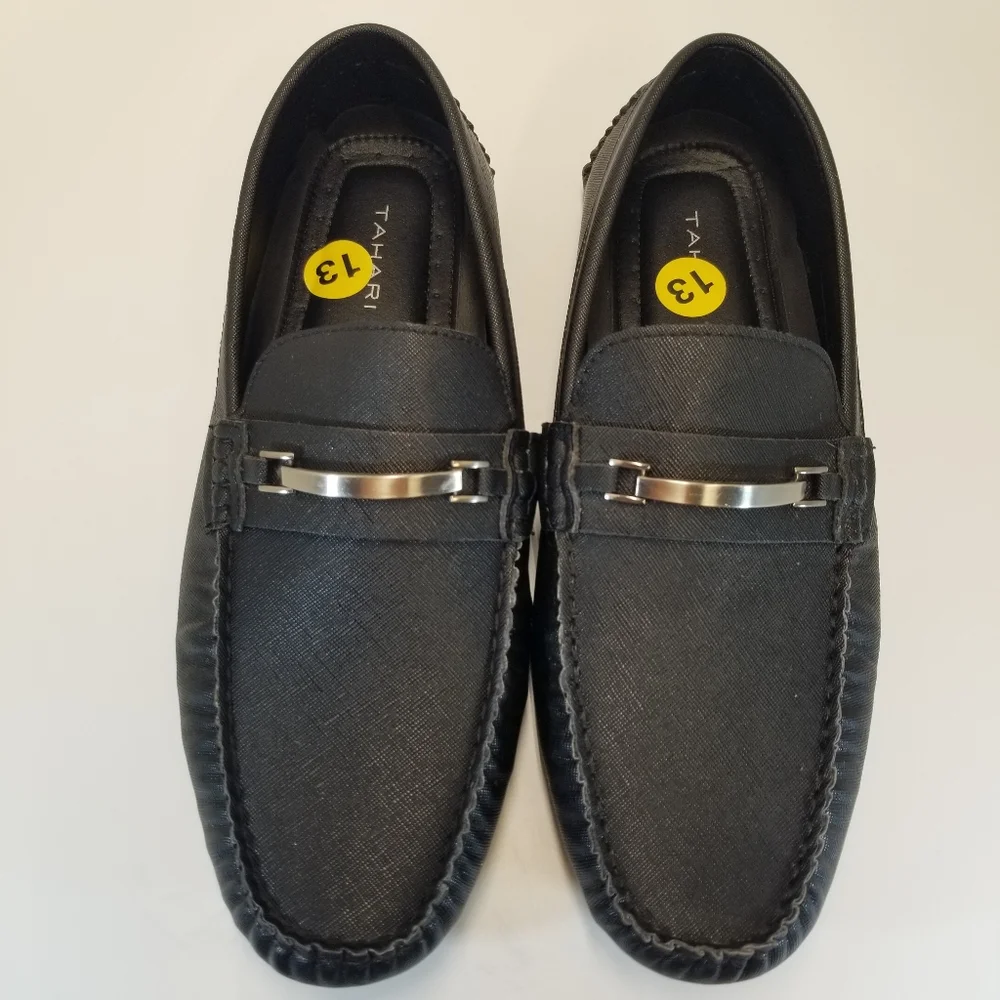 Tahari Dame Mens Size 13 Black PU Upper Rubber Sole Loafer Moc Toe Slip On